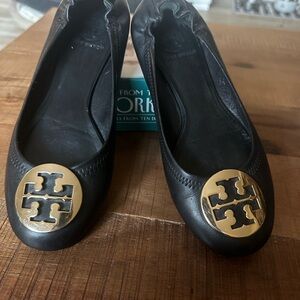 Tory Burch Black Flats with Gold Emblem